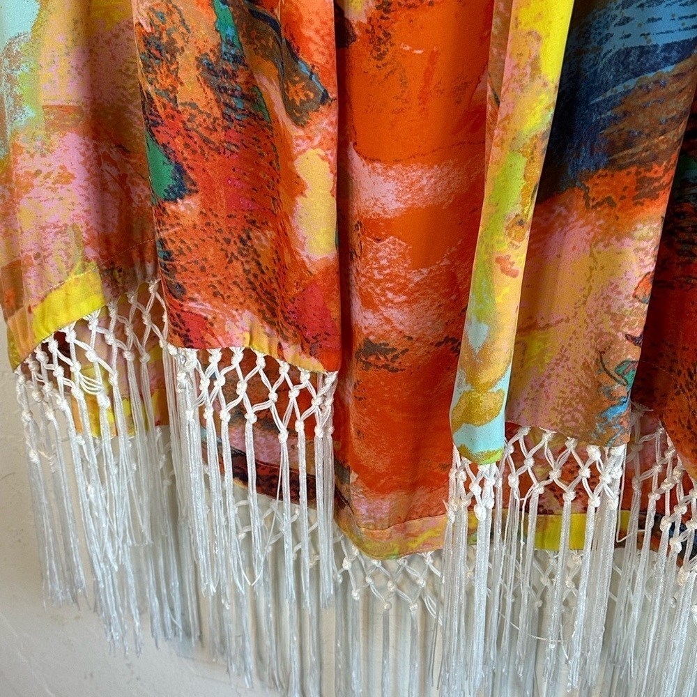 Gianni Bini Vibrant Multicolor Avant Garde Kimono Cover Up with Fringe Sz XL - Picture 5 of 12